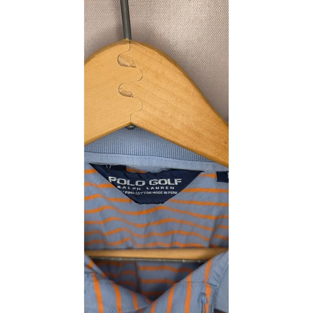 Vintage Polo Shirt Golf Ralph Lauren Mens Striped Blue & Orange Size L Cotton